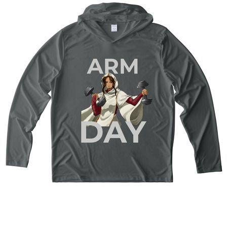 Arm Day Best Day, a Dark Smoke Grey UV Performance Long Sleeve Hoodie