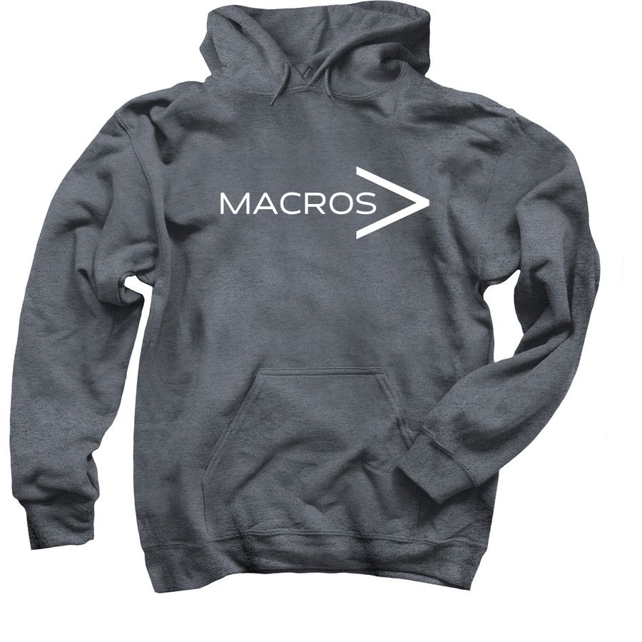 MACROS > (white text), a Dark Heather Pullover Hoodie