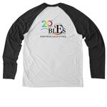 Celebrating 20 years of BLES!, a Space Black/ Bright White Allmade Eco Triblend Colorblock Raglan Long Sleeve Tee (back-view)