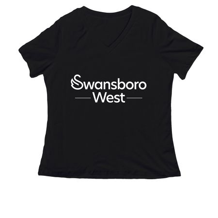 Swansboro West T-Shirts - White Logo on Front, a Black Women's Relaxed V-Neck Tee