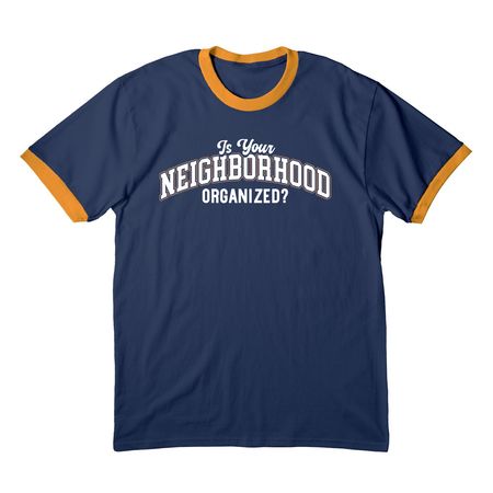 Organize The Block Ringer Tee, a Navy/ Gold Cotton Ringer Tee