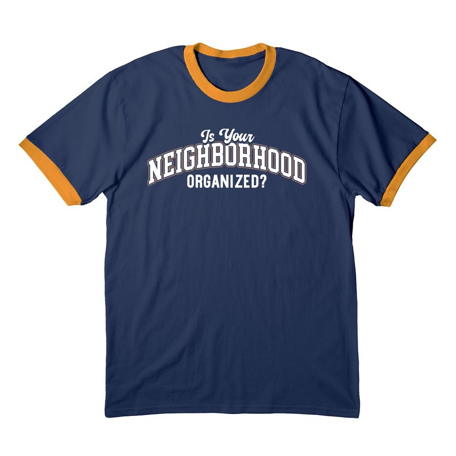 Organize The Block Ringer Tee, a Navy/ Gold Cotton Ringer Tee