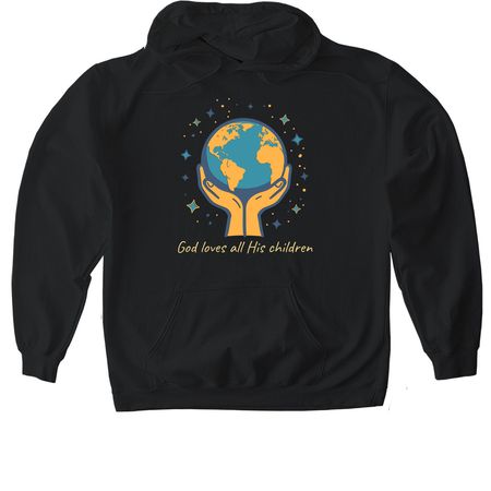 God loves all His Children, a Black Gildan Softstyle Pullover Hoodie