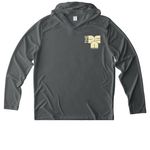The mind is the body. The body is the mind, a Dark Smoke Grey UV Performance Long Sleeve Hoodie (back-view)