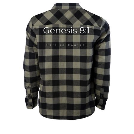 NOAH?S ARK Genesis 8:1 Unisex Flannel Shirt, a Olive/ Black Unisex Flannel Shirt (back-view)