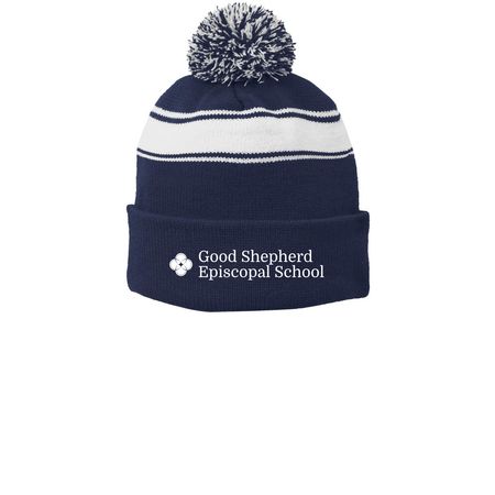GSES Beanies, a True Navy/ White Printed Stripe Pom-Pom Beanie