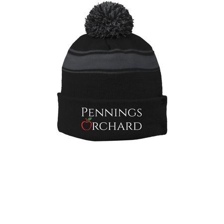 Pennings Beanie, a Black/ Iron Grey Printed Stripe Pom-Pom Beanie