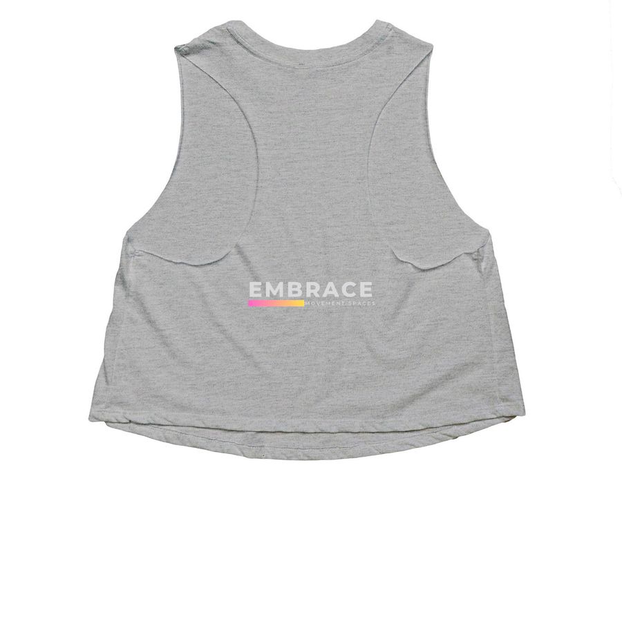 Pilates is metal AF, a Athletic Heather Women's Cropped Racerback Tank (back-view)