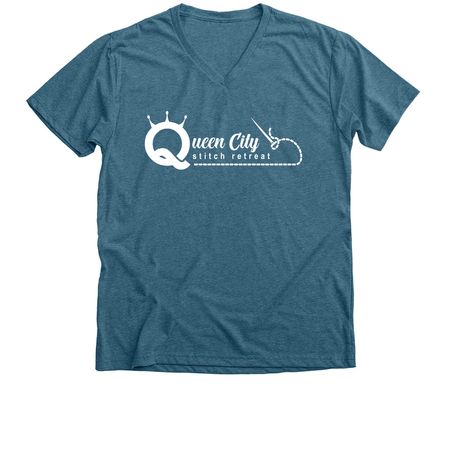 The OG Needle Logo, a Heather Deep Teal Premium V-Neck Tee
