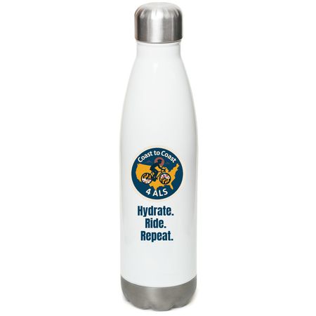 Hydrate. Ride. Repeat. C2C4ALS Water Bottle, a White Stainless Steel Water Bottle