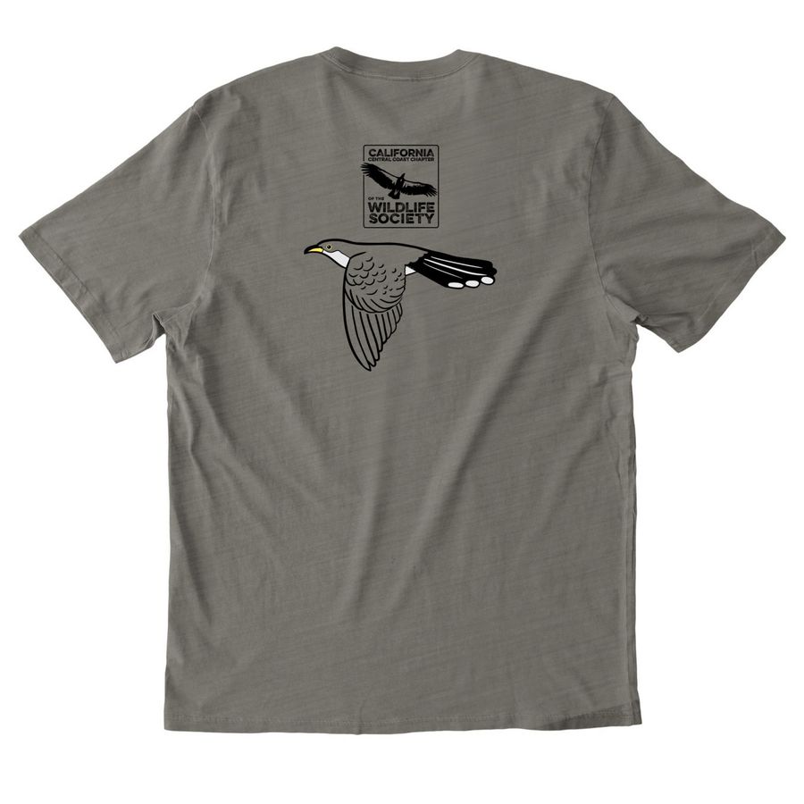Yellow-billed Cuckoo, a Driftwood Grey Allmade Organic Cotton Mineral Dye Tee (back-view)
