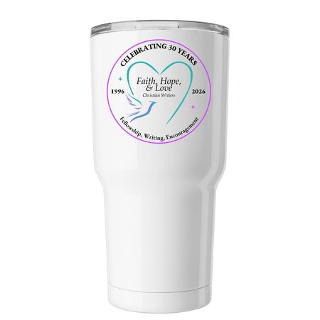 Celebrating 30 Years, 1996-2026, Teal Logo, a White Insulated Tumbler