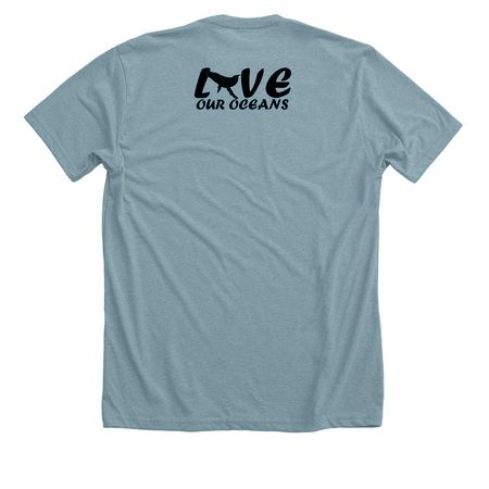 Love Our Oceans, a Heather Blue Lagoon Premium Unisex Tee (back-view)