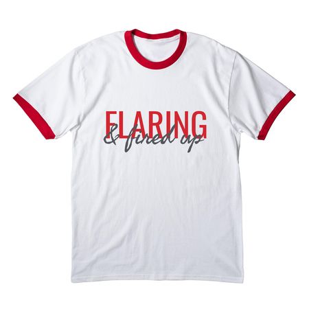 FLARING & fired up, a White/ Red Cotton Ringer Tee