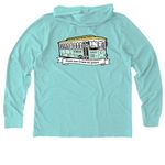 Pink Crew Logo & Trolley, a Saltwater Blue Allmade Organic Cotton Mineral Dye Hoodie Tee (back-view)