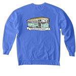 Pink Crew Logo & Trolley, a Flo Blue Comfort Colors Crewneck Sweatshirt (back-view)