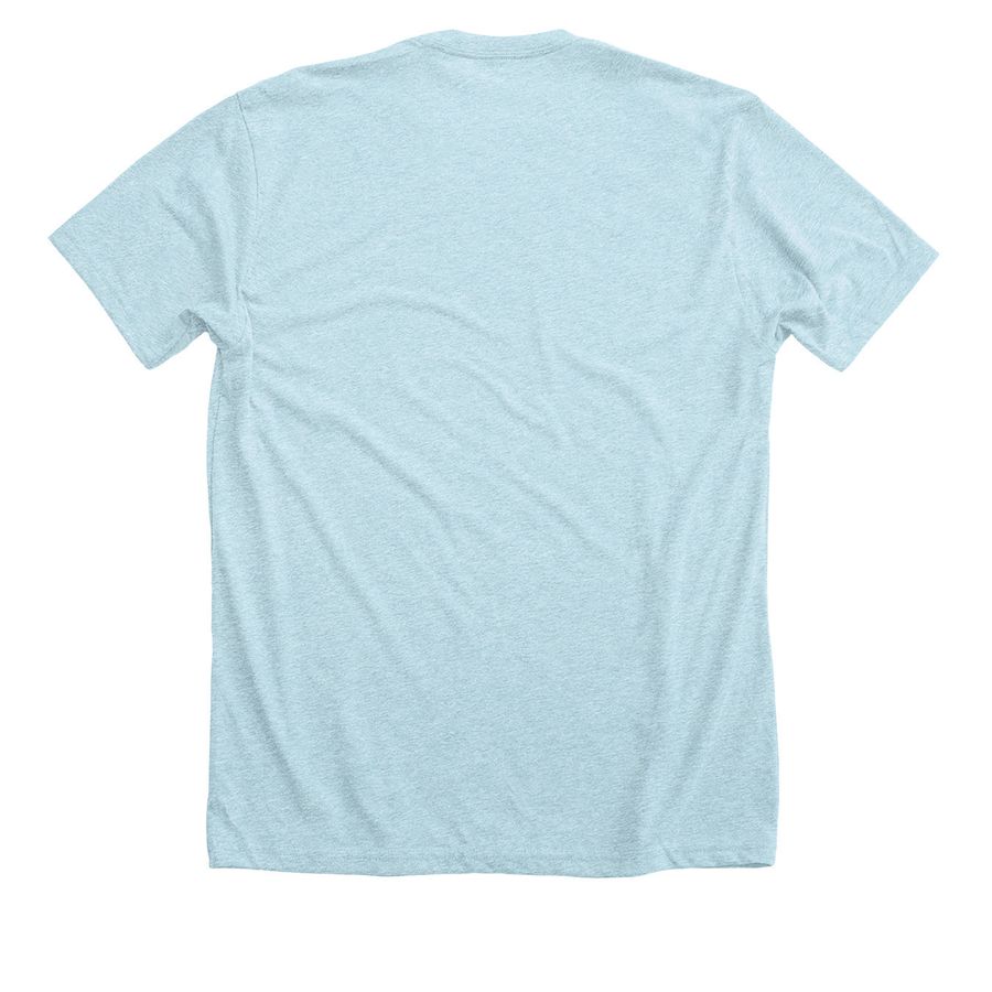 #FRUITED T-SHIRT BLACK WRITING, a Heather Ice Blue Premium Unisex Tee (back-view)