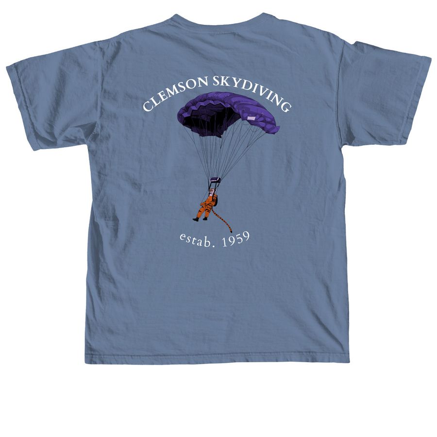 Clemson Skydiving, a Blue Jean Comfort Colors Unisex Tee (back-view)