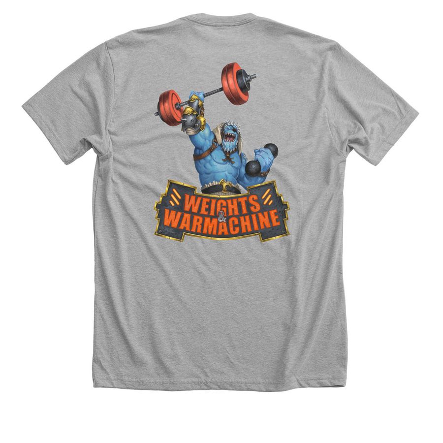 Weights & Warmachine, a Athletic Heather Premium Unisex Tee (back-view)