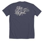 "Yes, but God", a Heather Midnight Navy Premium Unisex Tee (back-view)