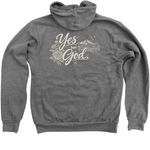 "Yes, but God", a Deep Heather Zip Up Hoodie (back-view)