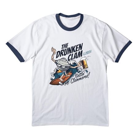 The Drunken Clam Tshirt, a White/ Navy Cotton Ringer Tee