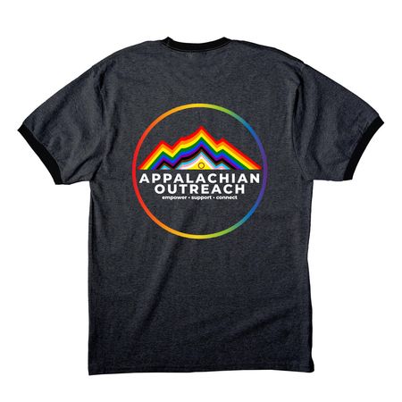 Appalachian OUTreach Tee, a Dark Heather Grey/ Jet Black Cotton Ringer Tee (back-view)
