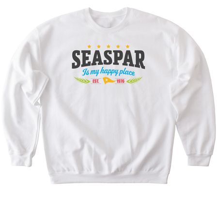 SEASPAR Is My Happy Place ? 50th Anniversary, a White Softstyle Crewneck Sweatshirt