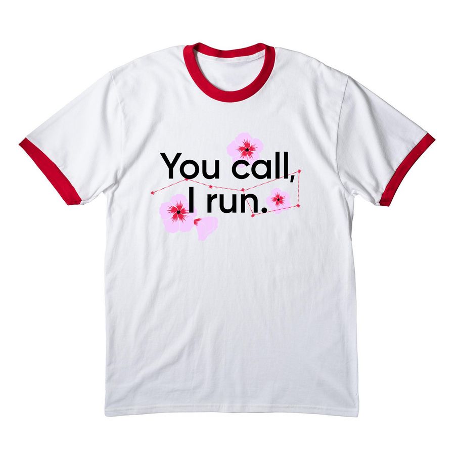 You Call, I Run (black) tees and tanks, a White/ Red Cotton Ringer Tee