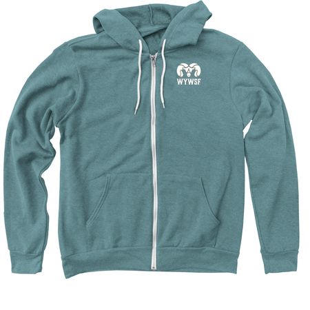 WY WSF Chest White Logo Shirts, a Heather Deep Teal Zip Up Hoodie (back-view)