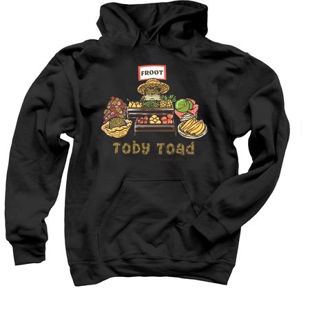 Toby Toad Froot Stand, a Black Pullover Hoodie