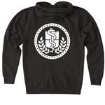 Apparel with a white front and back logo!, a Black Heavyweight Zip Up Hoodie (back-view)