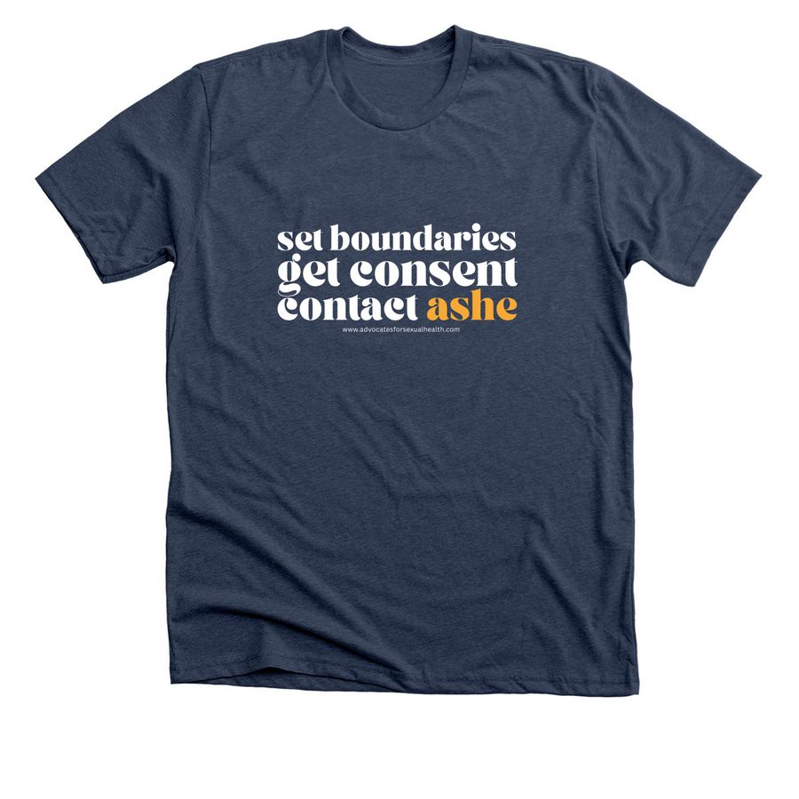 ASHE: Consent & Boundaries, a Heather Navy Premium Unisex Tee