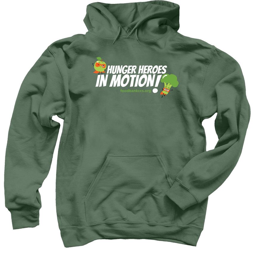 Hunger Heroes in Motion!, a Military Green Pullover Hoodie