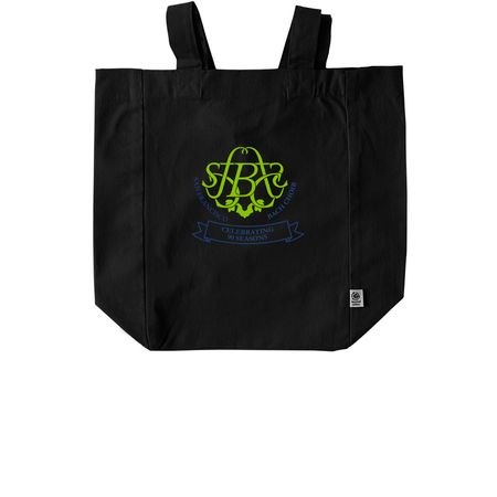 90th anniversary tote (green & blue logo), a Black Recycled Cotton Tote Bag