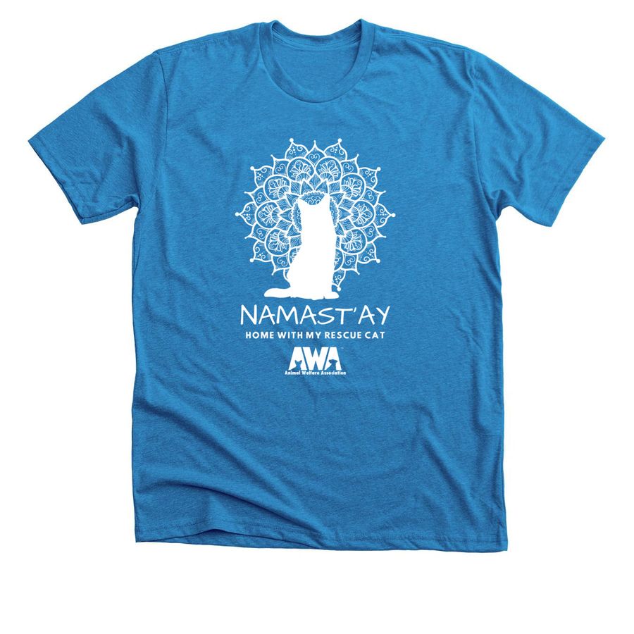 Namast'ay Home with my Rescue Cat, a Neon Blue Premium Unisex Tee