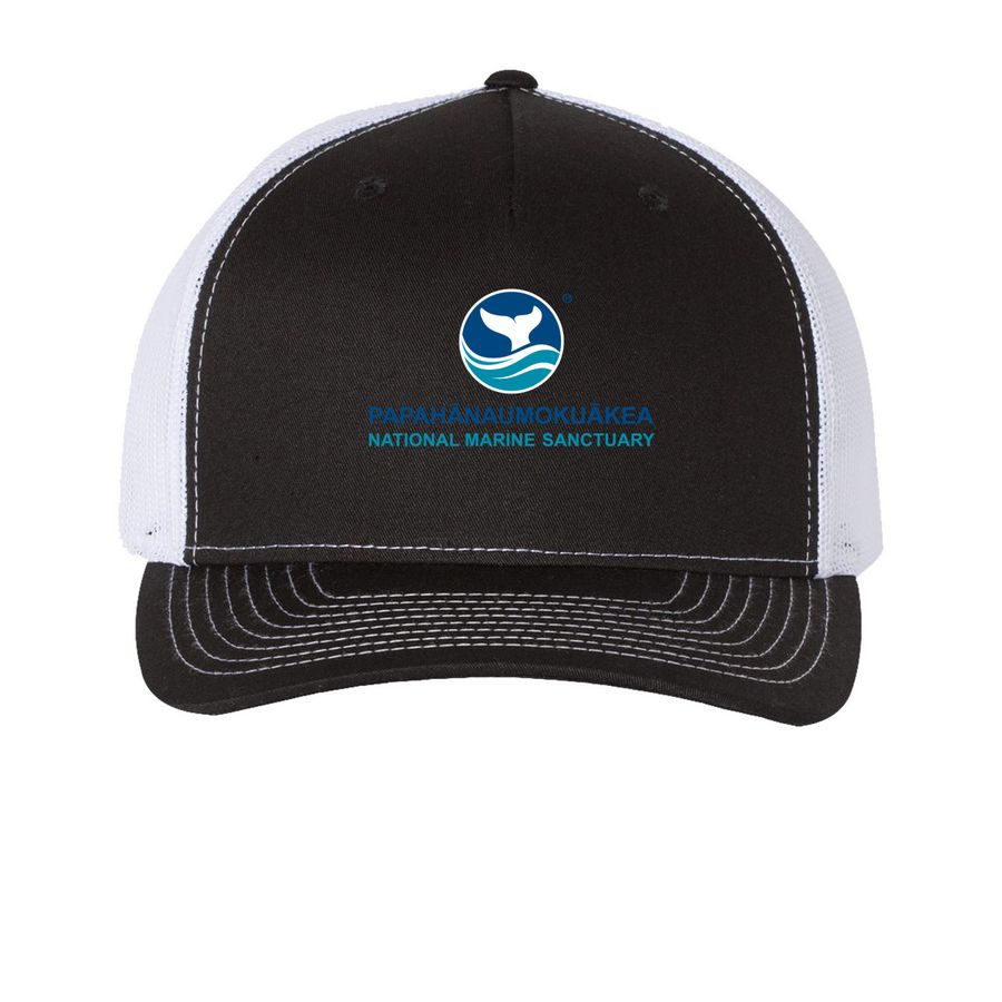 PNMS Trucker Hat, a Black/ White Printed Five-Panel Trucker Cap