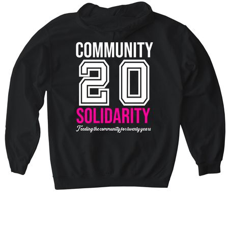 Community Solidarity 20th Anniversary Gear, a Black Gildan Softstyle Pullover Hoodie