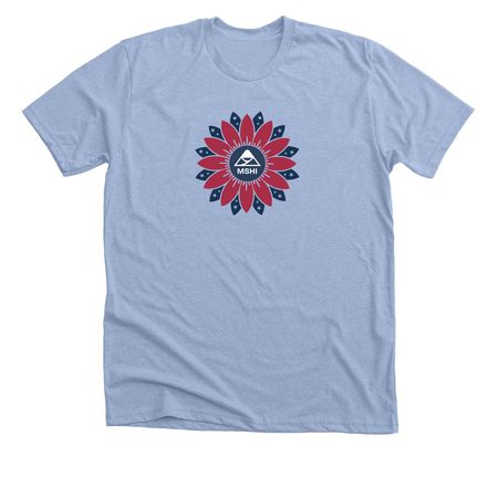 MSHI Celebrates America 250: Flower Logo, a Heather Baby Blue Premium Unisex Tee