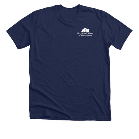 Tee: Crayons, Chaos & Montessori., a Solid Navy Blend Premium Unisex Tee