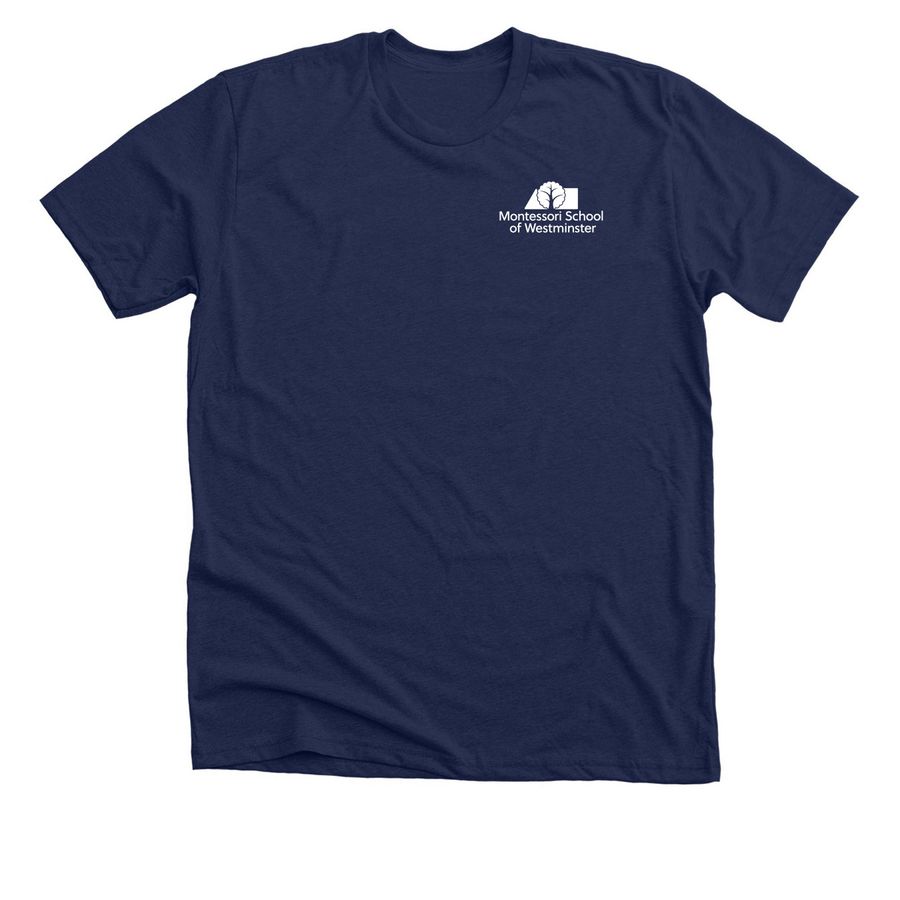 Tee: Crayons, Chaos & Montessori., a Solid Navy Blend Premium Unisex Tee