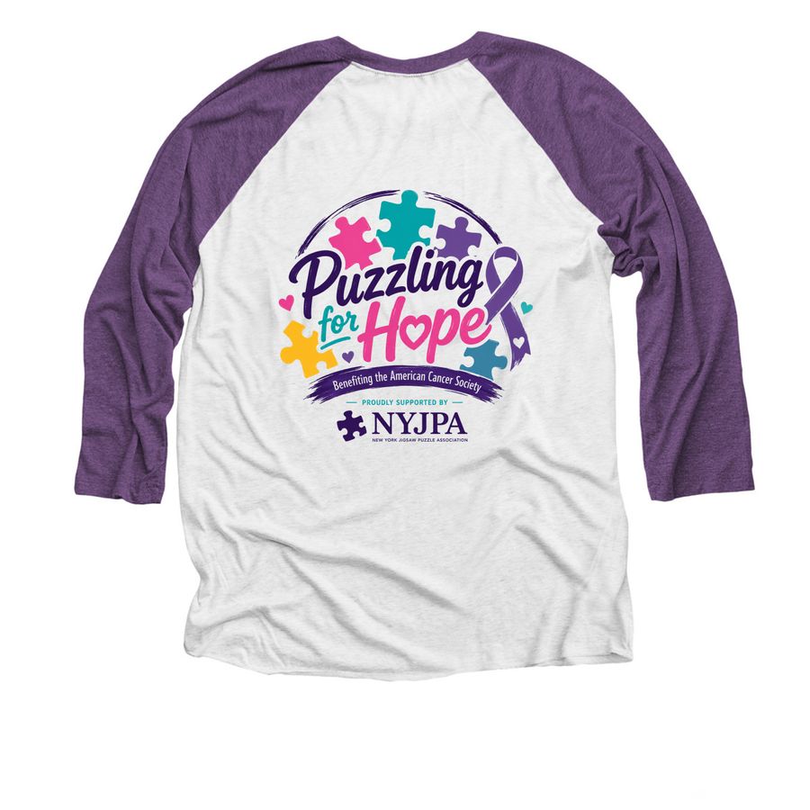 Puzzling For Hope, a Purple Rush and Heather White 3/4 Sleeve Baseball Tee (back-view)