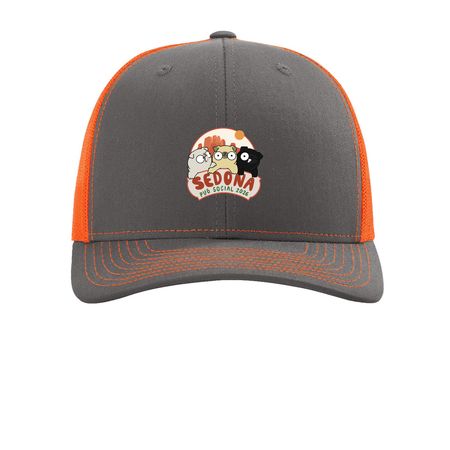 Sedona Pug Social Hat, a Charcoal/ Neon Orange Printed Snapback Trucker Cap