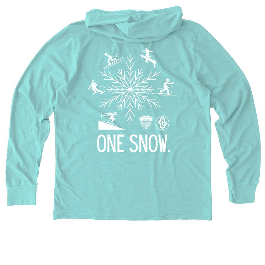 PSIA-AASI ONE SNOW Shirts, a Saltwater Blue Allmade Organic Cotton Mineral Dye Hoodie Tee (back-view)