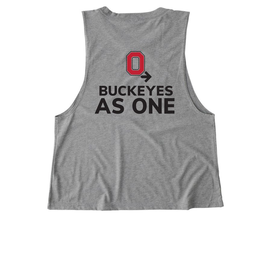 Pelotonia Team Buckeye, a Aluminum Grey Allmade Eco Triblend Women?s Muscle Tank (back-view)