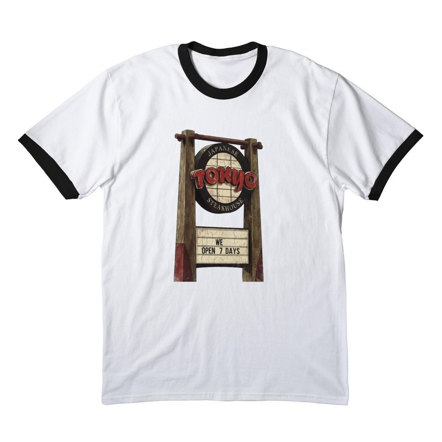 We open 7 days, a White/ Jet Black Cotton Ringer Tee