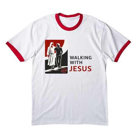 Walking With Jesus, a White/ Red Cotton Ringer Tee