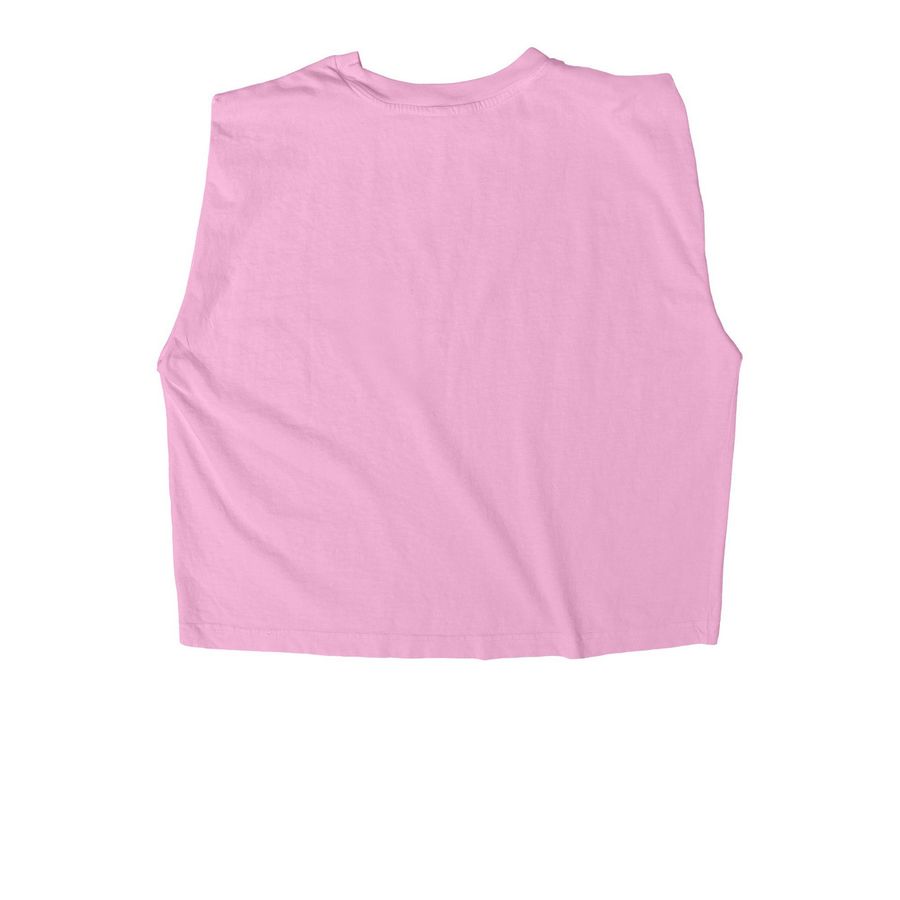 + DECOLONIAL BADDIE +, a Faded Powder Pink Women's Heavyweight Garment Dye Muscle Tee (back-view)