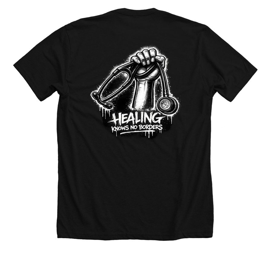 HEALING KNOWS NO BORDERS, a Solid Black Blend Premium Unisex Tee (back-view)