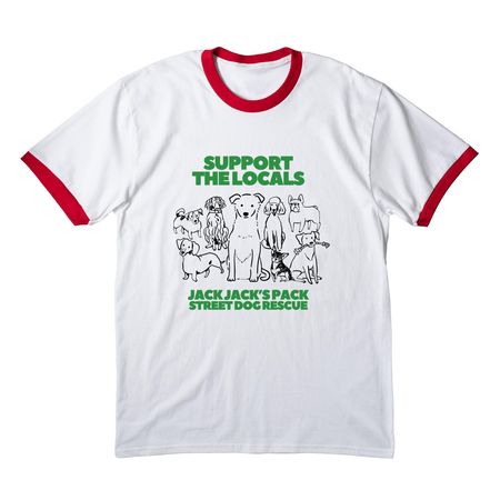 Support the Locals, a White/ Red Cotton Ringer Tee
